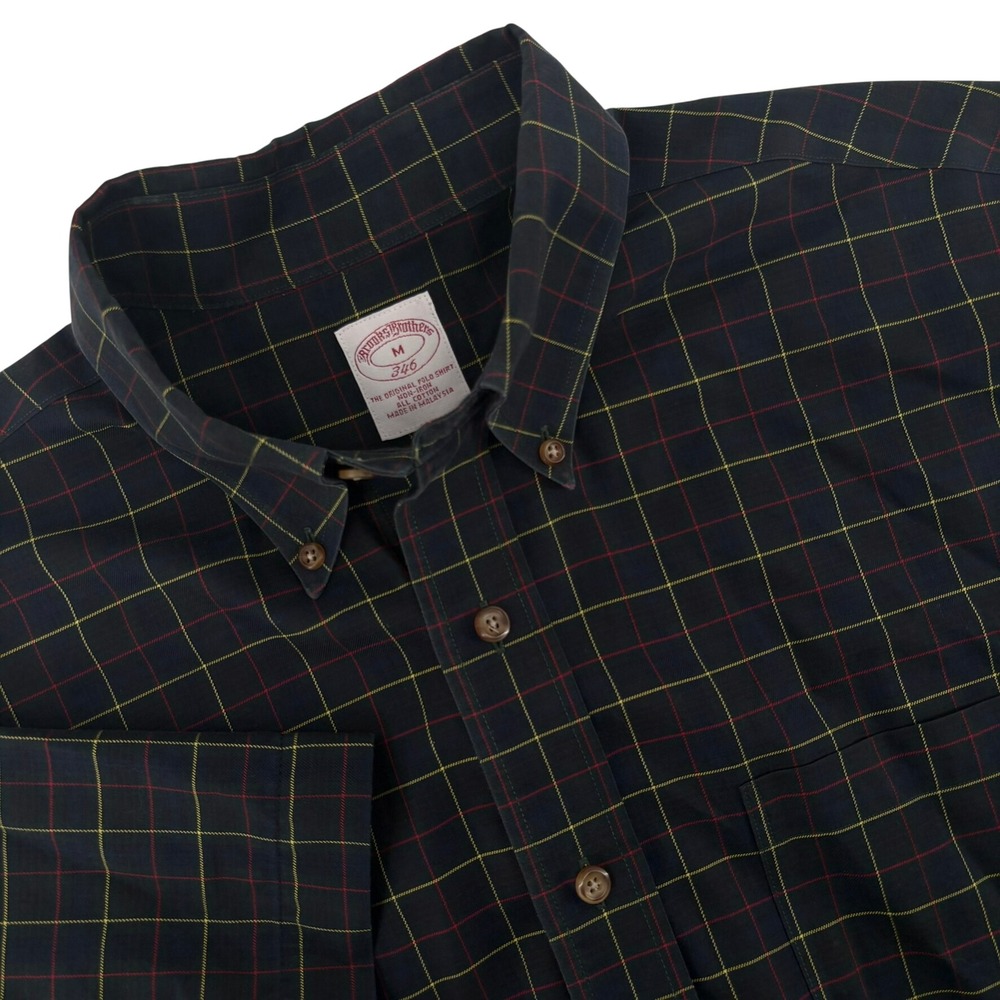 Brooks Brothers 346 Mens Medium Navy Windowpane Non-Iron Cotton SS Button Down